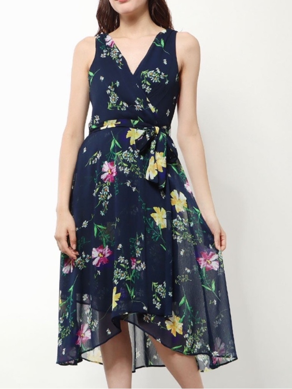DKNY Navy Floral Faux Wrap Midi Chiffon Dress with Tie Waist Sz 10